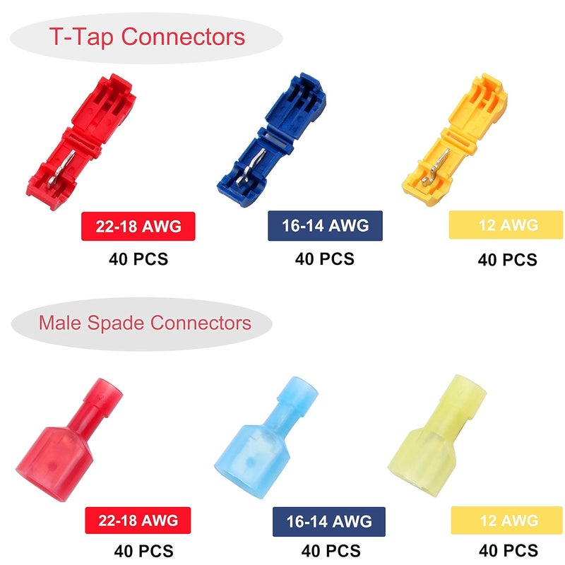 Flytuo 240PCS T-Tap Wire Connectors, AWG 22-10, Self-Stripping Quick Splice Electrical Wire Terminals, Color Coded Insulated Male Quick Disconnect Spade Terminals Assortment Kit for Wiring (3 Colors) - Image 2